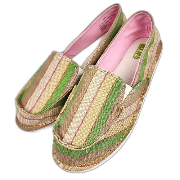 Mix Slip-on Striped Comfort Shoes Flats Espadrille Green Beige Canvas Sz 10 - Picture 3 of 14
